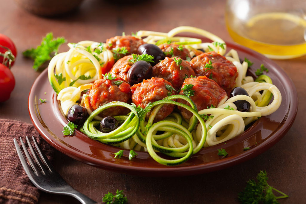 zucchini spaghetti and lean meatballs