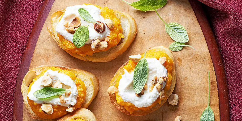 Butternut-Sage Crostini with Ricotta and Hazlenuts